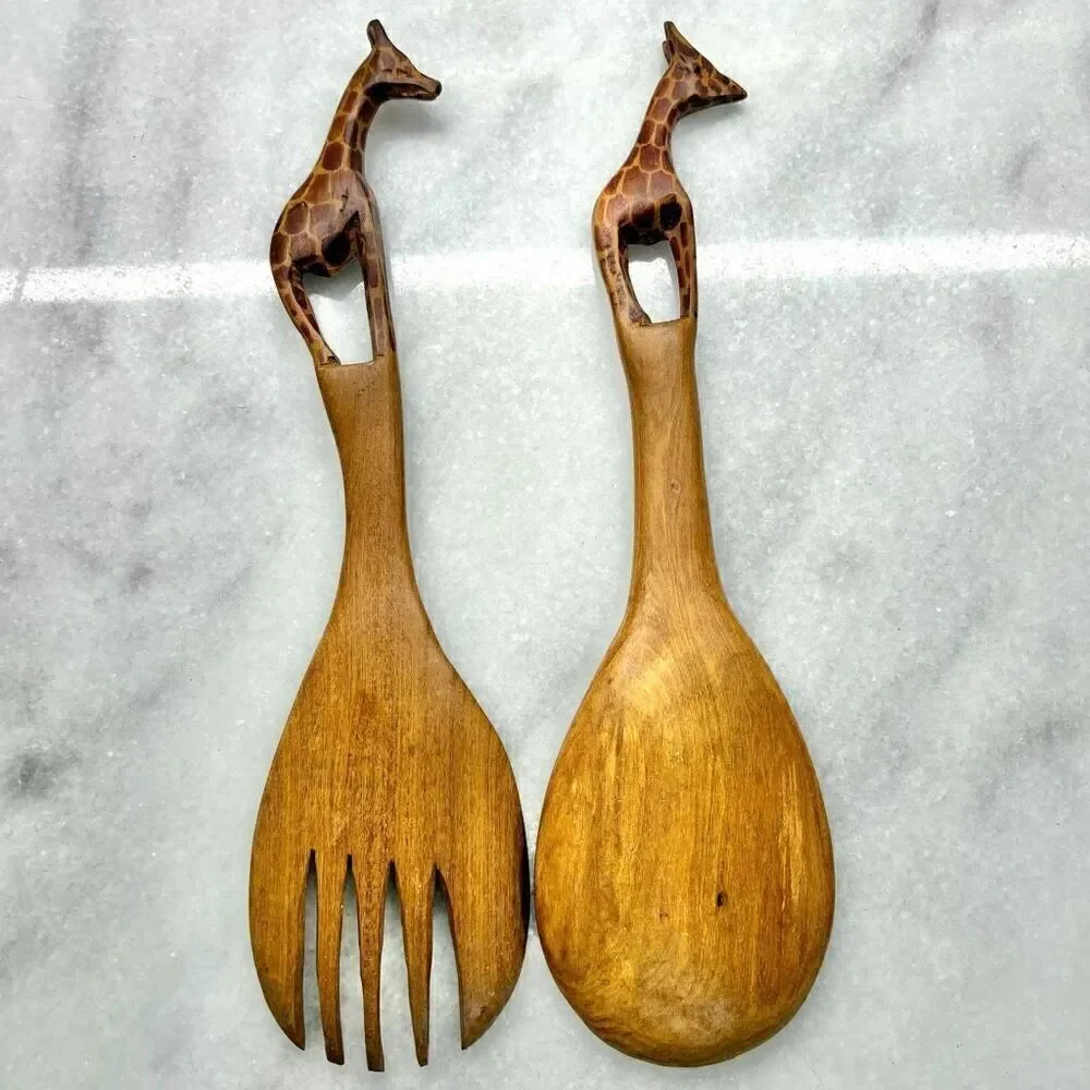 Handcarved African Flat Wooden Giraffe Spoon And Fork Salad Server Set Tan OS